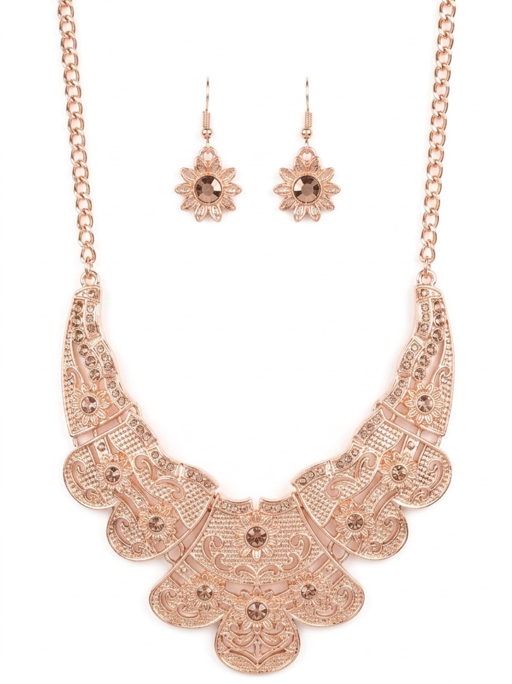paparazzi Rose Gold Filigree Collar Necklace & Floral Drop Earrings